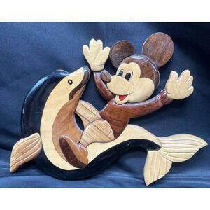 MICKEY Mouse Wooden 1980s Handmade Solid Rosewood Riding A Dolphin Wedge wood